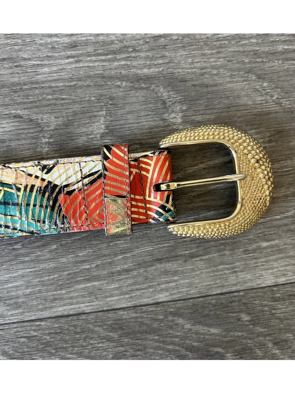Vintage 80s Abstract Painted Leather Belt Gold Buckle USA M/L 38” - Picture 8 of 14